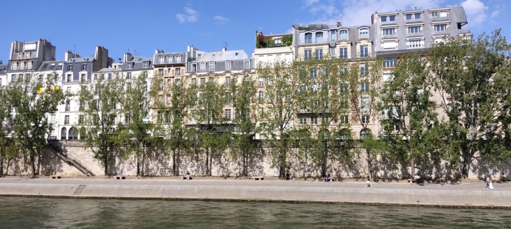 Bord du fleuve avec des arbres et des habitations