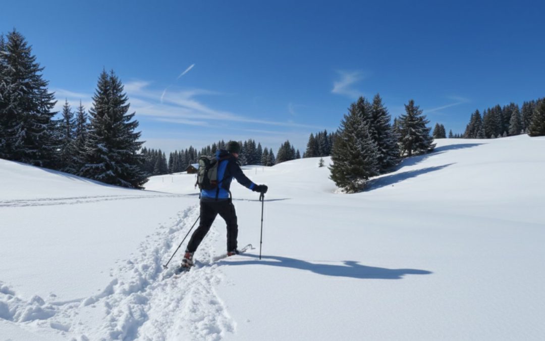 Randonneur à pied dans la neige sous un ciel bleu