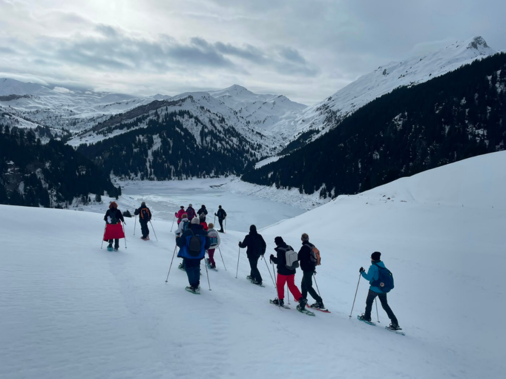 Un groupe de raquetteurs arrivent à un col alors que le ciel est voilé et l'ambiance très hivernale