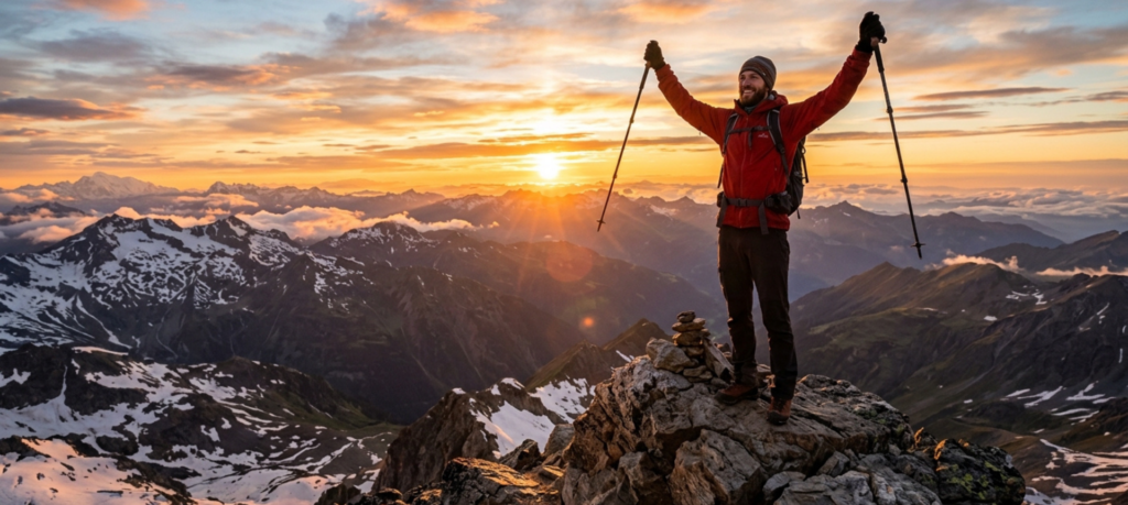 coucher-soleil-seneque©We-Rando un homme se tient debout au sommet d'une montagne avec les bras en l'air alors que le soleil se couche