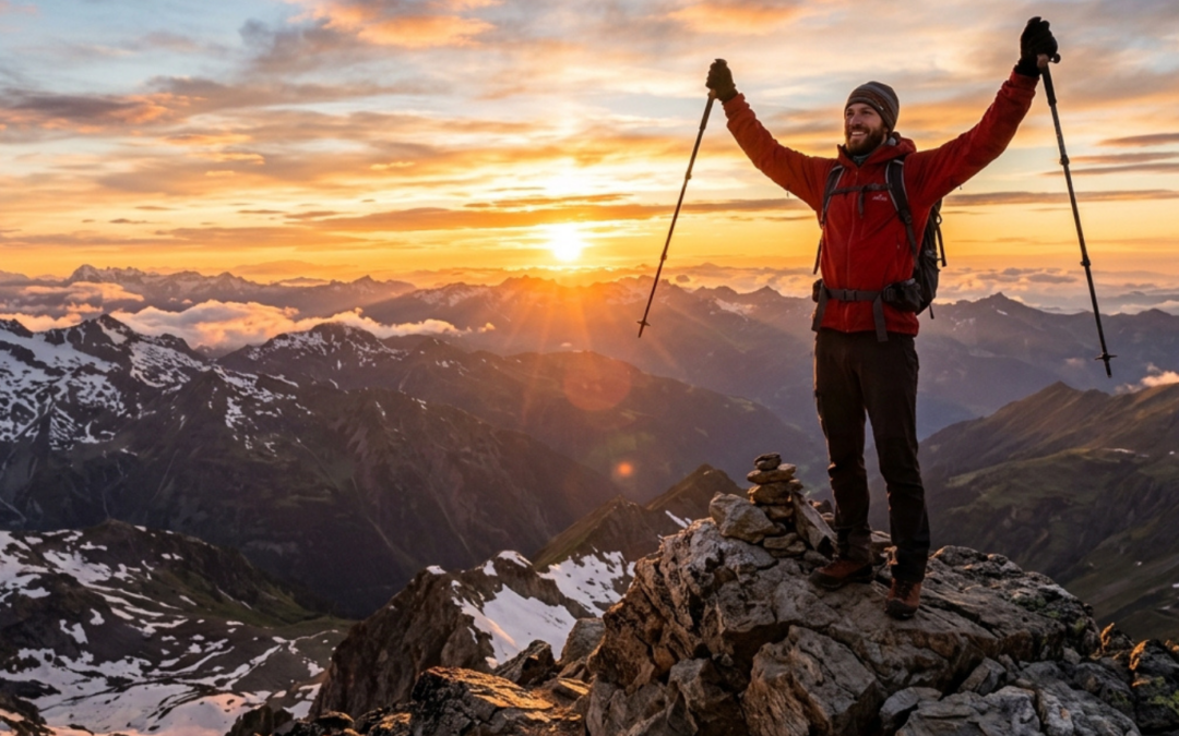 un homme se tient debout au sommet d'une montagne avec les bras en l'air alors que le soleil se couche