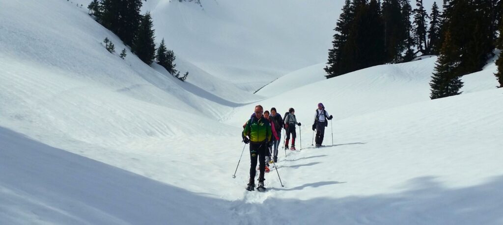 un groupe de personnes marche en raquettes dans un vallon enneigé