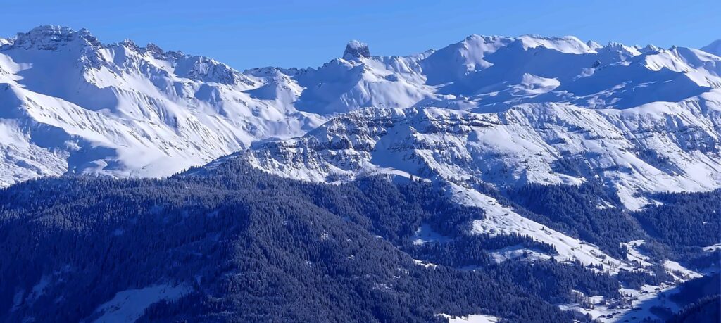 sommets-pierra-menta-beaufortain©florian-pepellin Sommets enneigés du Beaufortain dominés par la dent rocheuse de la Pierra Menta, au dessus des forêts de sapins sous un ciel bleu limpide