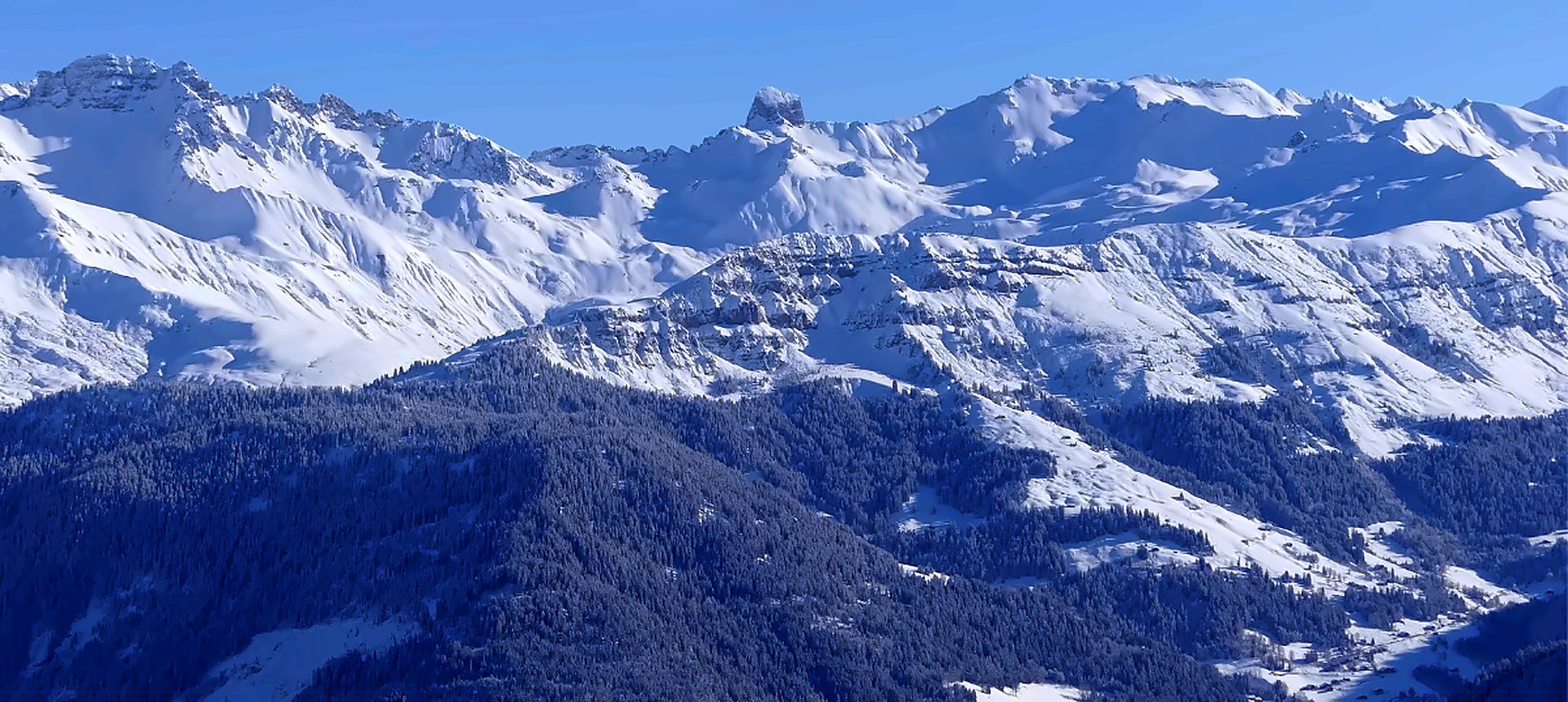 sommets-pierra-menta-beaufortain©florian-pepellin Sommets enneigés du Beaufortain dominés par la dent rocheuse de la Pierra Menta, au dessus des forêts de sapins sous un ciel bleu limpide