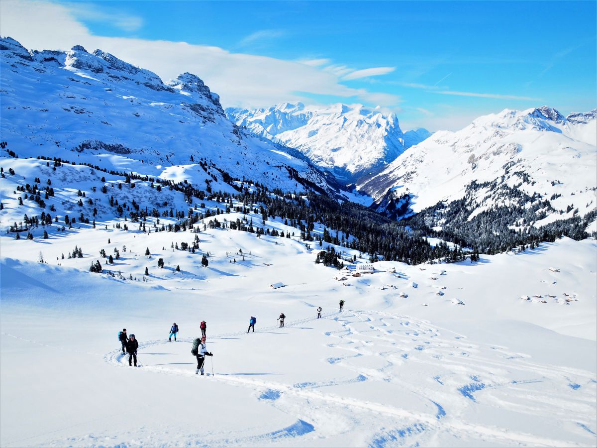 randonneurs au milieu de traces de ski et de raquettes